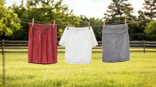 Wallpaper Mural Three colorful skirts hanging on a clothesline in a lush green field, showcasing bright colors and a serene outdoor setting, perfect for a summer day and fashion inspiration. Torontodigital.ca