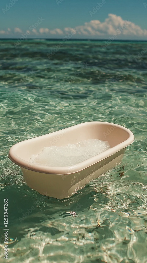 Relaxing in a bathtub on crystal clear ocean waters tropical paradise daytime serenity Relaxing in a bathtub on crystal clear ocean waters tropical paradise daytime serenity