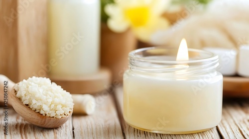 Relaxing Spa Setting with a Gorgeous Candle and Natural Ingredients for Aromatherapy on a Wooden Surface : Generative AI