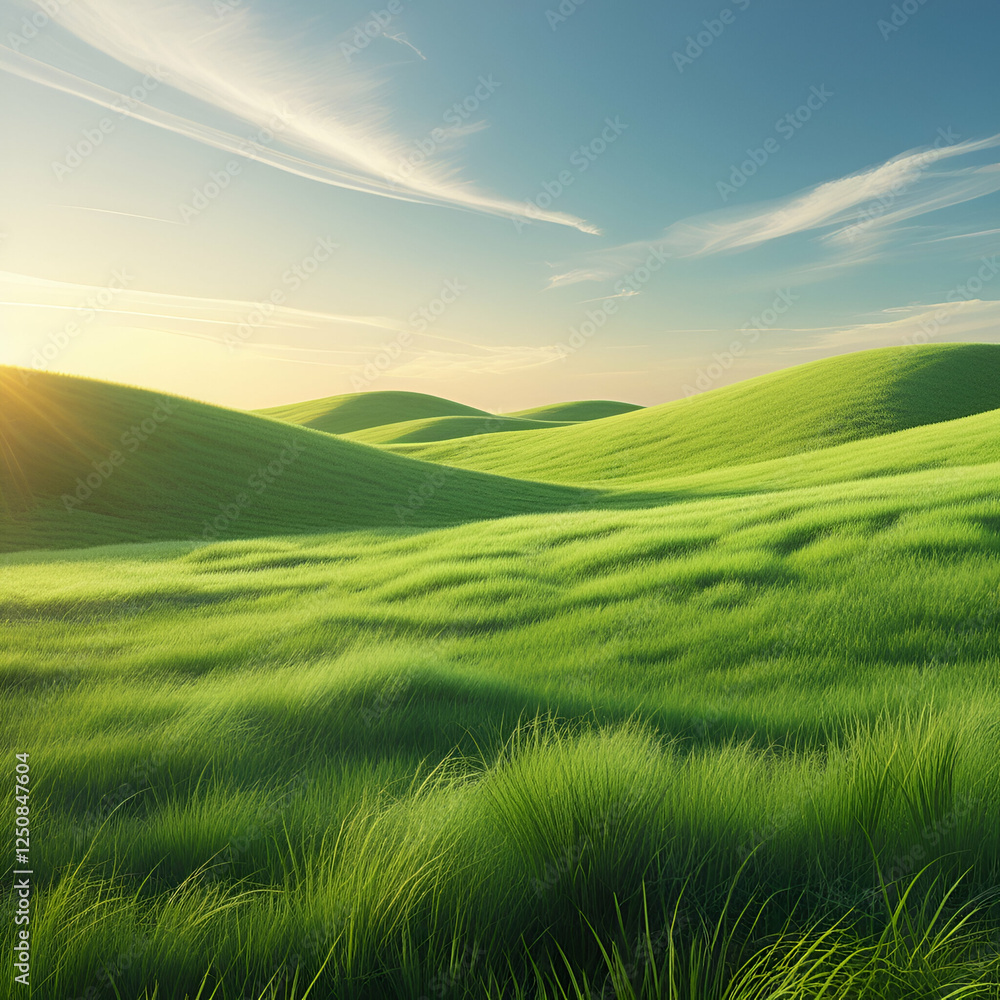 Obraz premium A fresh, vibrant grass field with soft golden sunlight.