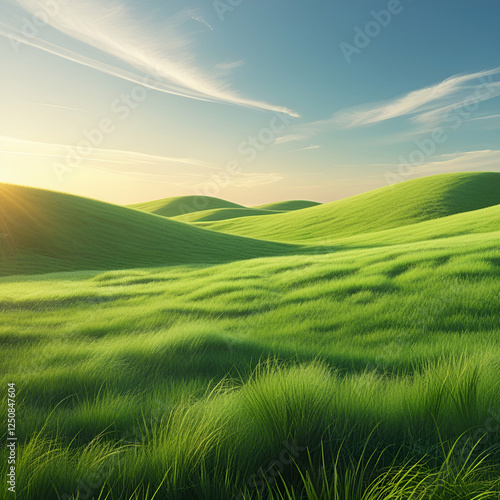 A fresh, vibrant grass field with soft golden sunlight.
