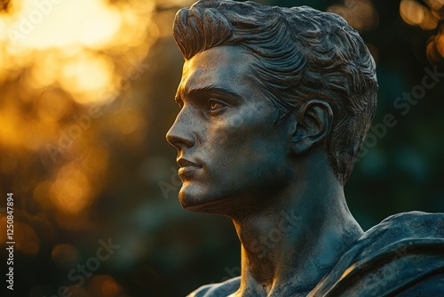 A detailed view of a male figurine's face and upper body from a statue photo