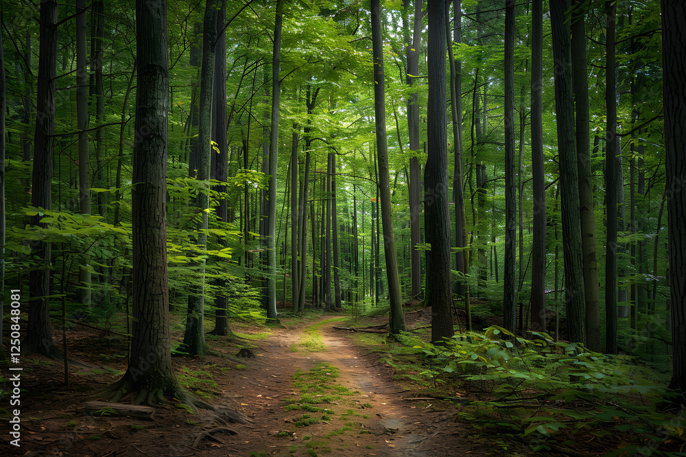 Fototapeta premium Tranquil Pathways: A Peaceful Walk Through Serene Forest Trails Touched by Gentle Sunlight