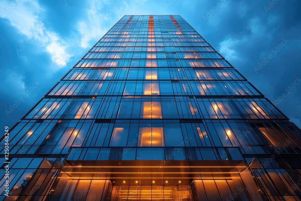 Glass Skyscraper at Dusk, Cityscape Glass Skyscraper at Dusk, Cityscape