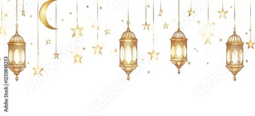Festive Ramadan lanterns, stars, moon; white background; header design