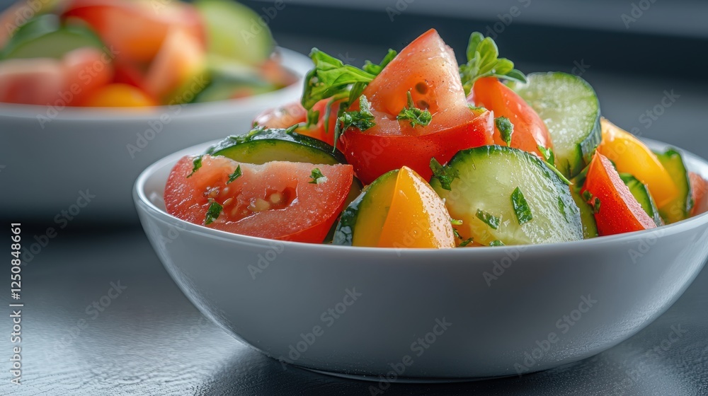 A vibrant salad featuring fresh tomatoes, cucumbers, and colorful bell peppers garnished with herbs in a white bowl, Ideal for healthy eating, cooking blogs, and nutrition-focused content, A vibrant salad featuring fresh tomatoes, cucumbers, and colorful bell peppers garnished with herbs in a white bowl, Ideal for healthy eating, cooking blogs, and nutrition-focused content,