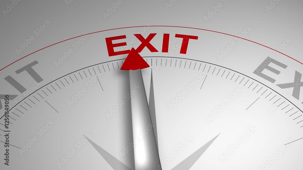 Exit text or word with a gauge arrow on a compass, representing guidance and direction on a clean white background. Ideal for business, coaching, consulting, and self-improvement concept Exit text or word with a gauge arrow on a compass, representing guidance and direction on a clean white background. Ideal for business, coaching, consulting, and self-improvement concept