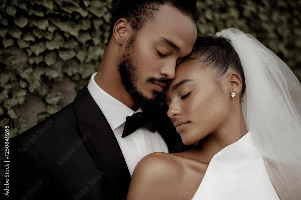 Couple embraces intimately during their wedding ceremony, surrounded by lush greenery Couple embraces intimately during their wedding ceremony, surrounded by lush greenery
