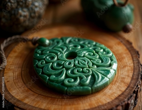 Dark Green Intricately Carved Pounamu Pendant on a wooden table photo