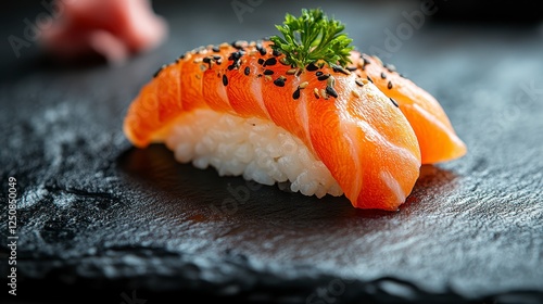 Fresh Salmon Sushi on Dark Stone Plate (1) photo