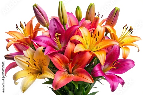 A vibrant pink, orange, and yellow lily bouquet bursts against a stark white background in this high-resolution floral image.