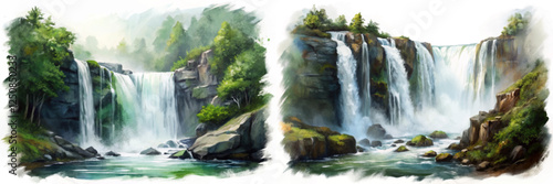 Lush green landscape, cascading waterfalls, serene nature scene, vibrant water flow, peaceful outdoor setting.
