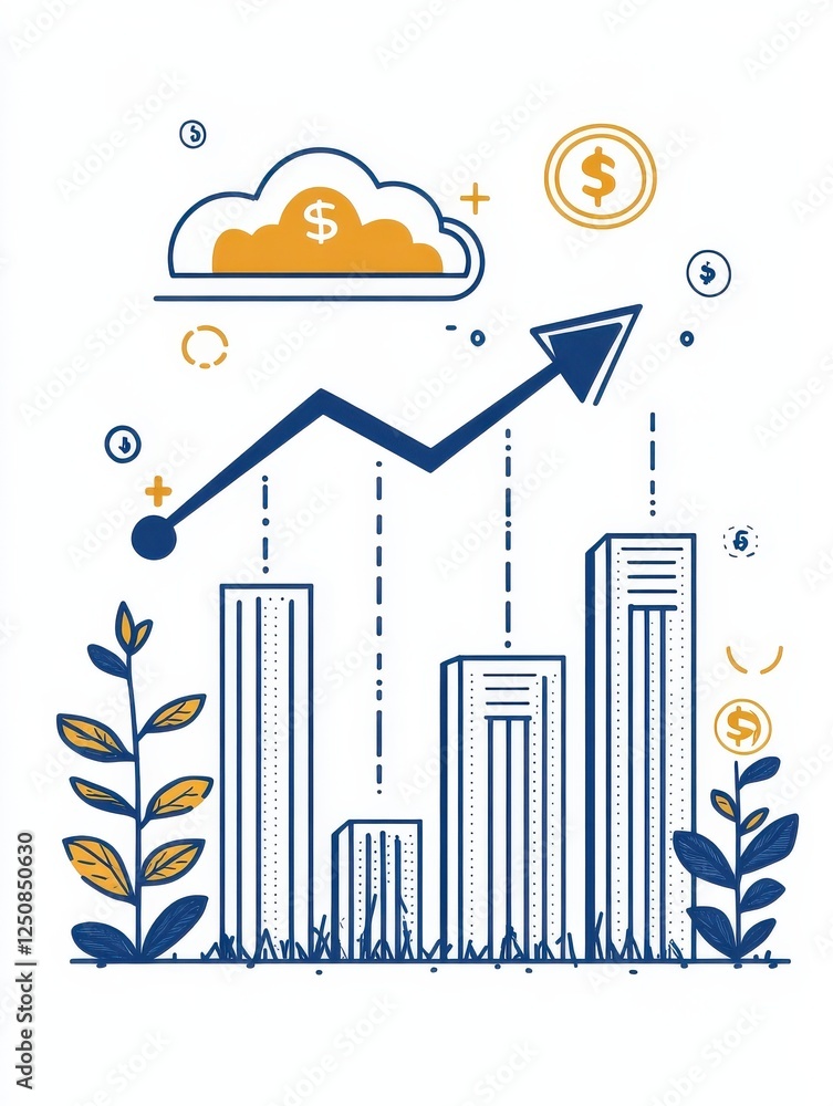 Fototapeta premium A line art illustration depicting financial growth, represented by an upward-pointing arrow, bar graph, and dollar signs. Small plants symbolizing investment and a cloud symbolizing the future.