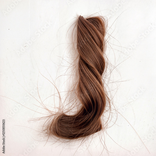 Letter J made of hair. A beautifully woven, glossy, reddish-brown braid. Smooth strands form a thick, intricate design, highlighting silky texture and shine for a healthy, stylish look. photo