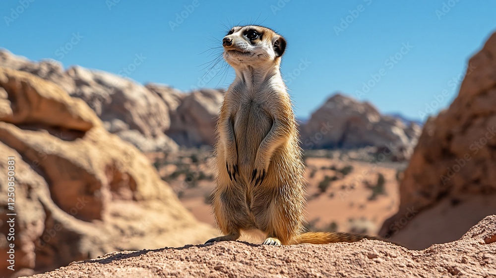 Fototapeta premium Meerkat Standing Alert on Rock Outcrop, Looking Upward, Wilderness Background for Education