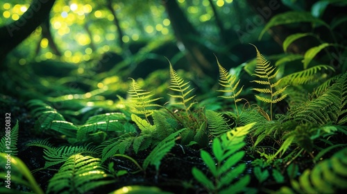 Wallpaper Mural Lush green ferns thrive in a sun-dappled forest, their vibrant fronds reaching towards the light. A tranquil scene of natural beauty. Torontodigital.ca