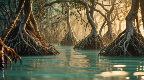 Mystical mangrove forest at sunrise. Sunlight filters through the canopy, illuminating the intricate root systems of the trees emerging from the calm, teal water. A serene and captivating scene.