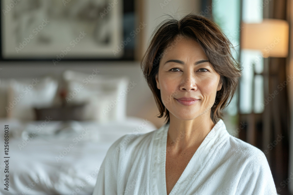 An attractive mature woman with short hair and perfect skin stands at home in a white robe, smiling happily at the camera. An attractive mature woman with short hair and perfect skin stands at home in a white robe, smiling happily at the camera.