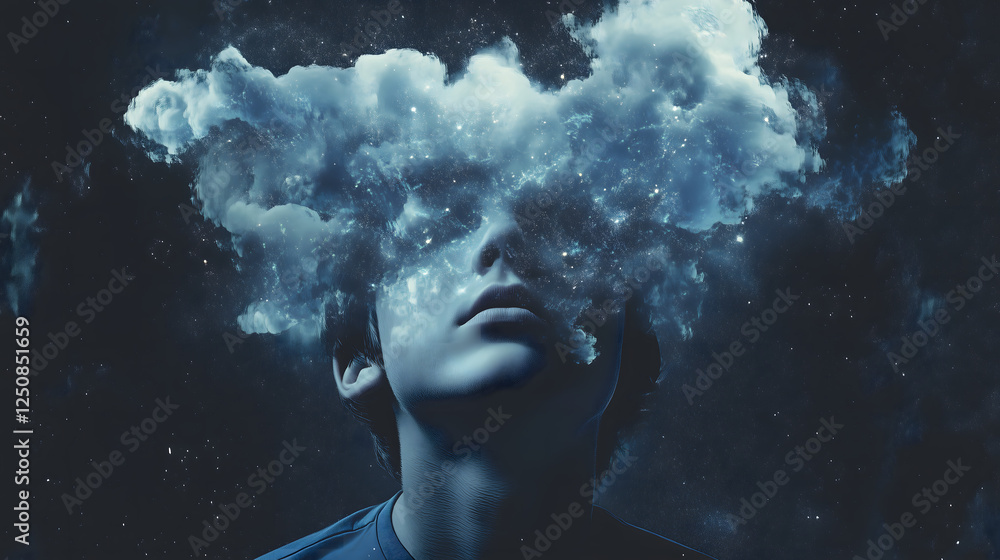 Young man emerging from smoke in the blue sky Young man emerging from smoke in the blue sky