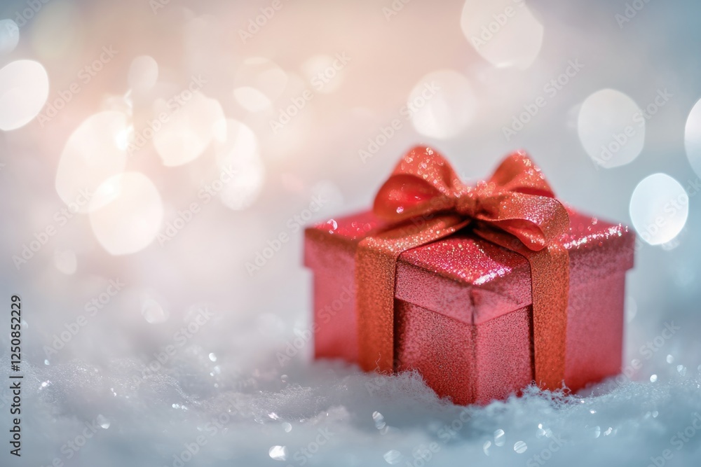 A small red gift box sits in the snow, perfect for winter scenes or holiday decorations A small red gift box sits in the snow, perfect for winter scenes or holiday decorations