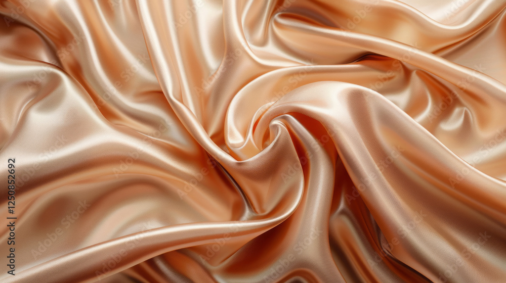 Fototapeta premium A beautiful background features smooth peach fuzz fabric with folds, texture, and pattern, presenting an elegant light brown silk cloth in natural color for design, cover, or presentation.