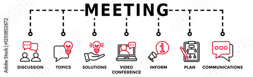 Meeting banner web icon vector illustration for business meeting and discussion with communications, topics, solutions, plan, inform and video conference icon