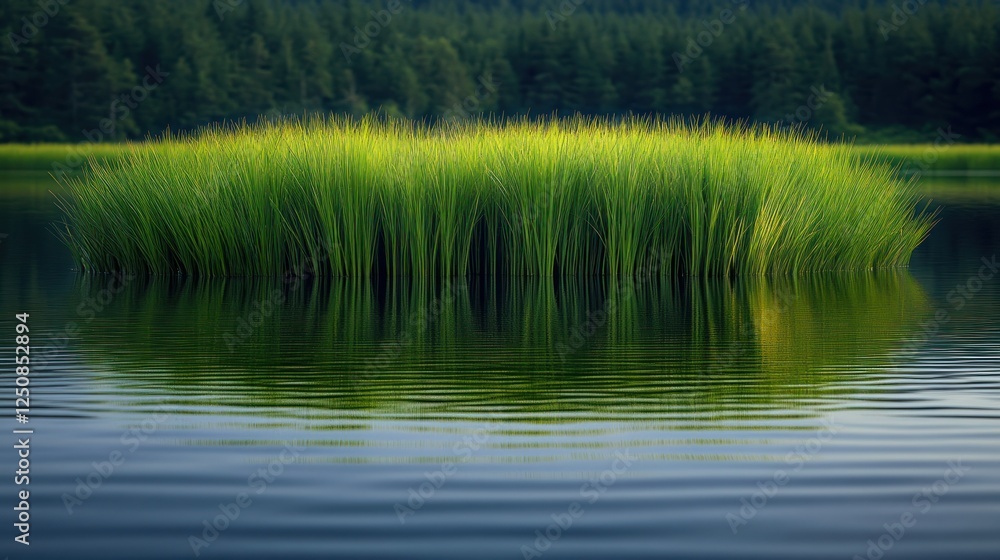 Serene lake grasses reflecting forest Serene lake grasses reflecting forest