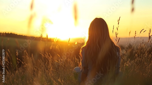 Silhouette of a girl in a field at sunset enjoying the serene beauty of nature and bright golden light : Generative AI photo