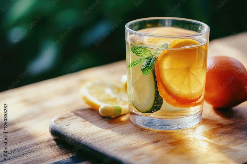Fototapeta premium A refreshing cup of tea with sliced oranges and fresh mint leaves