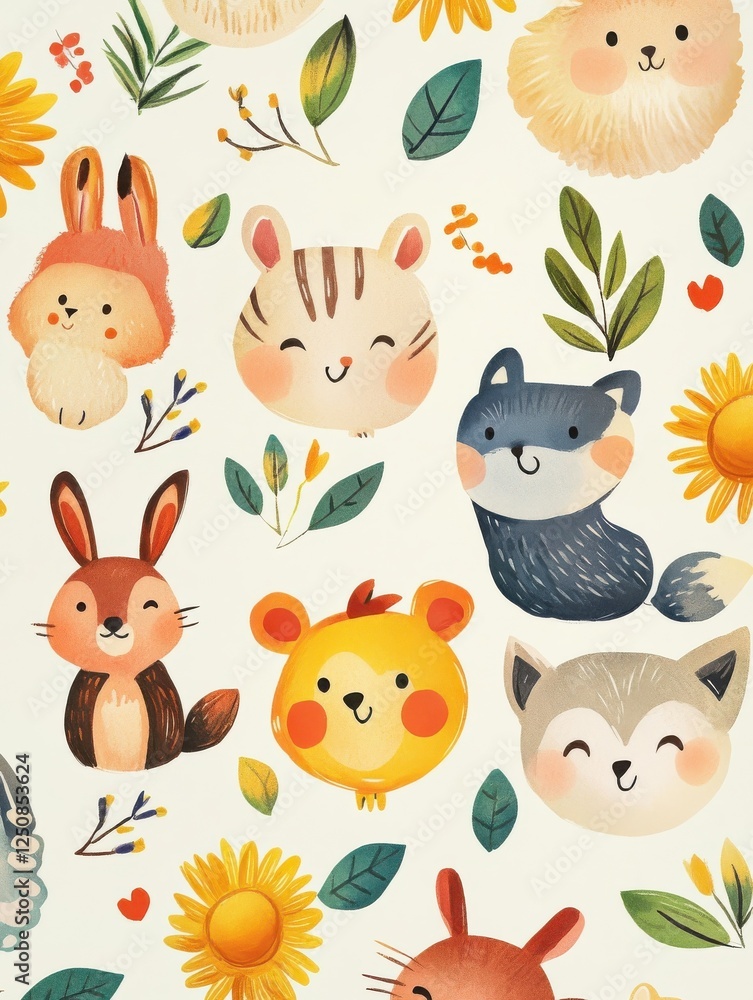 Fototapeta premium Colorful cartoon pattern featuring cute animals and sunny faces on a light background
