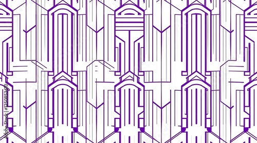 Art Deco Cityscape Pattern: A seamless pattern featuring a stylized Art Deco cityscape in shades of purple and white.  Geometric lines and shapes create an elegant and sophisticated design. 