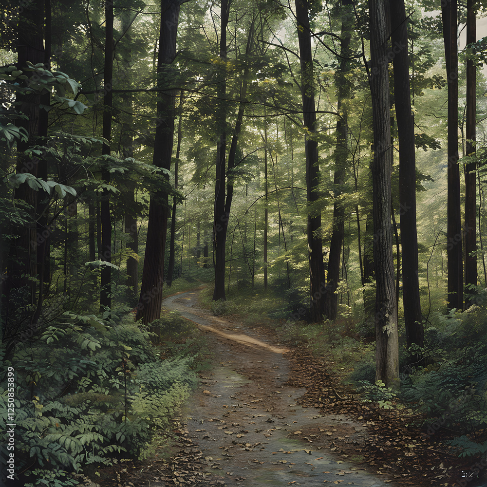 Fototapeta premium Tranquil Pathways: A Peaceful Walk Through Serene Forest Trails Touched by Gentle Sunlight