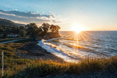 Coastal Sunrise Over Ocean Waves and Lush Greenery photo