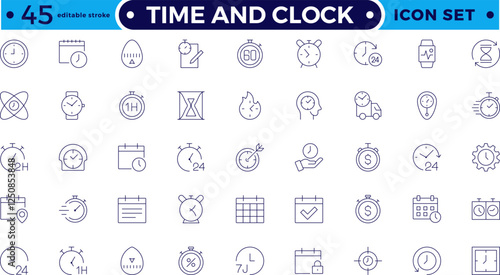 Time icon set. Timer, alarm, schedule, hourglass, clock icons. Outline time and clock icon collection. Editable stroke outline icon.
