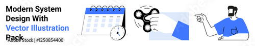 Calendar with clock, hand holding fidget spinner, animated person. Ideal for time management, organization, focus, scheduling, work-life balance, online apps flat landing page banner