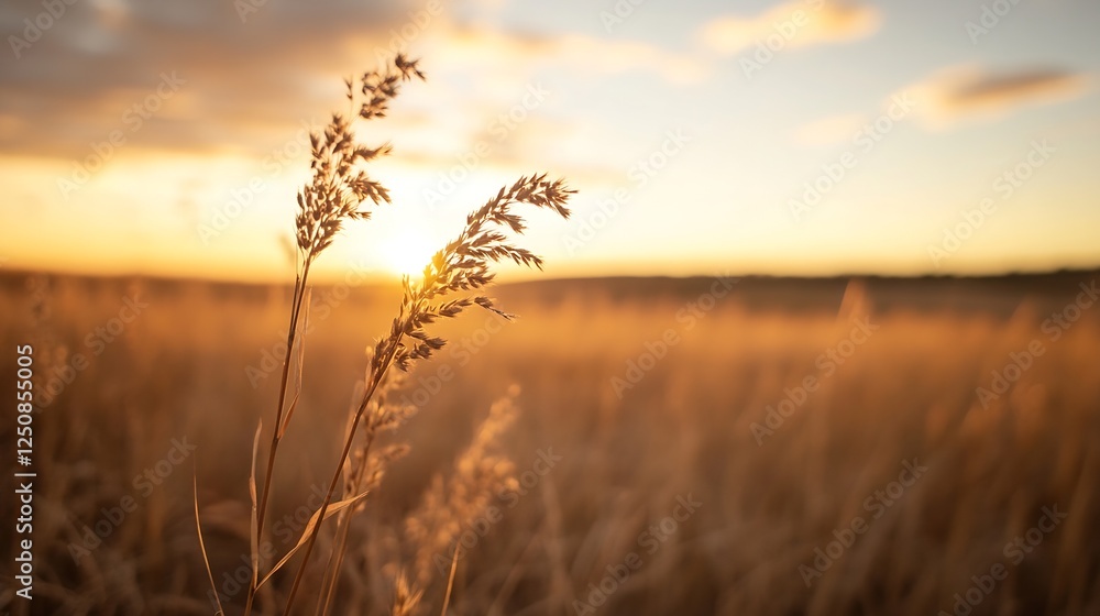 Fototapeta premium Golden sunlight illuminating tall grass during sunset in a tranquil rural landscape : Generative AI
