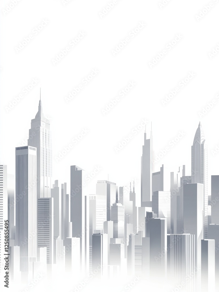 Fototapeta premium White background, city skyline, vector illustration style, simple lines, high-end aesthetic, light gray and white color scheme, urban architecture