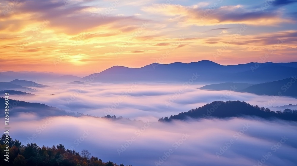 Obraz premium Serene Misty Sunrise Over Majestic Mountain Landscape in Autumn