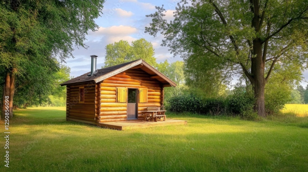 Fototapeta premium cabin, wood, log, field, nature, rural, landscape, tree, grassy, outdoors, scenery, home, building, architecture, country, tranquil, small, retreat, shelter, scenic, escape, peaceful, idyll, environme