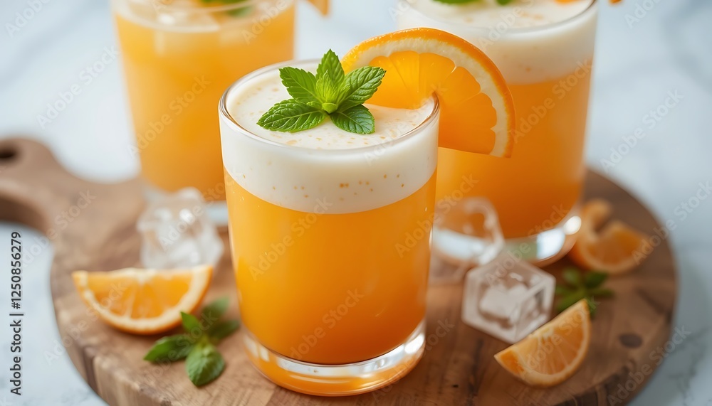 Refreshing citrus cocktails served on a wooden board with fresh orange slices and mint leaves during a sunny afternoon. Generative AI Refreshing citrus cocktails served on a wooden board with fresh orange slices and mint leaves during a sunny afternoon. Generative AI