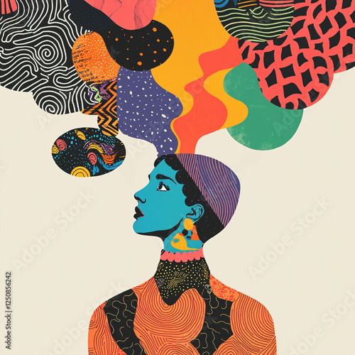 Abstract surreal illustration of a person with colorful thought bubbles and geometric patterns representing creativity and imagination photo