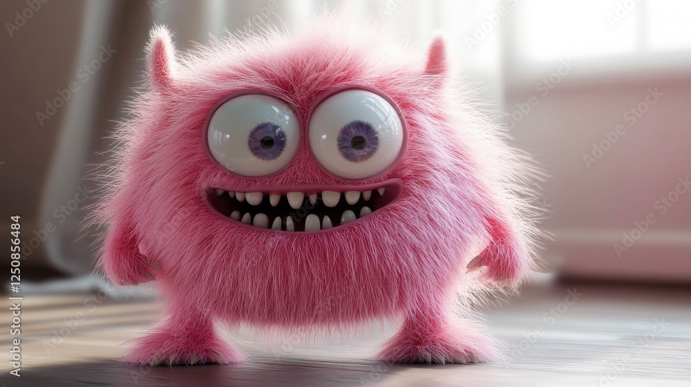 Fototapeta premium Cute pink furry monster 3D cartoon character