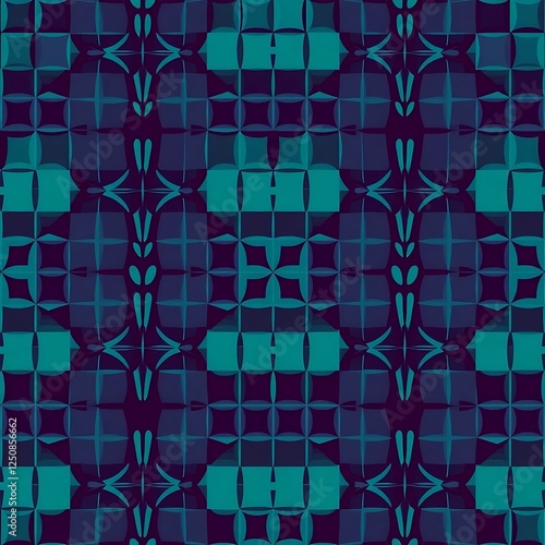 Geometric Teal and Purple Pattern: A seamless repeating pattern with intricate geometric designs in shades of teal and purple, creating a vibrant and modern aesthetic. Perfect for backgrounds.