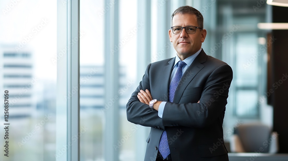 Fototapeta premium Professional businessman posing confidently in modern office with glass windows and stylish decor : Generative AI