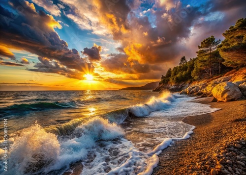 Dramatic Croatian coastline: drone captures crashing waves on a pebble beach at sunset.