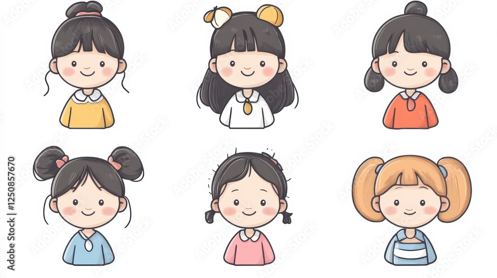 Nine cute little girl icons, Korean style with bold line art, on white background. Simple lines, flat illustrations, vector graphic style, high-res, lovely in clothes, ideal for design works. Nine cute little girl icons, Korean style with bold line art, on white background. Simple lines, flat illustrations, vector graphic style, high-res, lovely in clothes, ideal for design works.