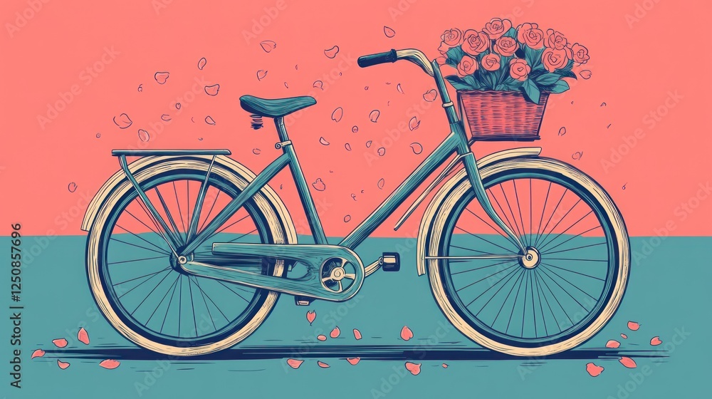 Fototapeta premium Teal bicycle with roses, pastel background, spring