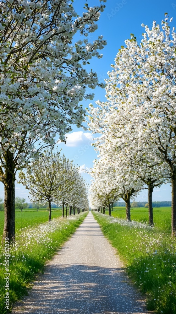 Scenic Tree-Lined Pathway with Blossoming Flowers and Blue Sky Scenic Tree-Lined Pathway with Blossoming Flowers and Blue Sky