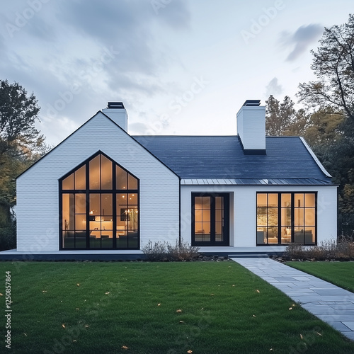 A modern farmhouse-style house with large windows and a black roof