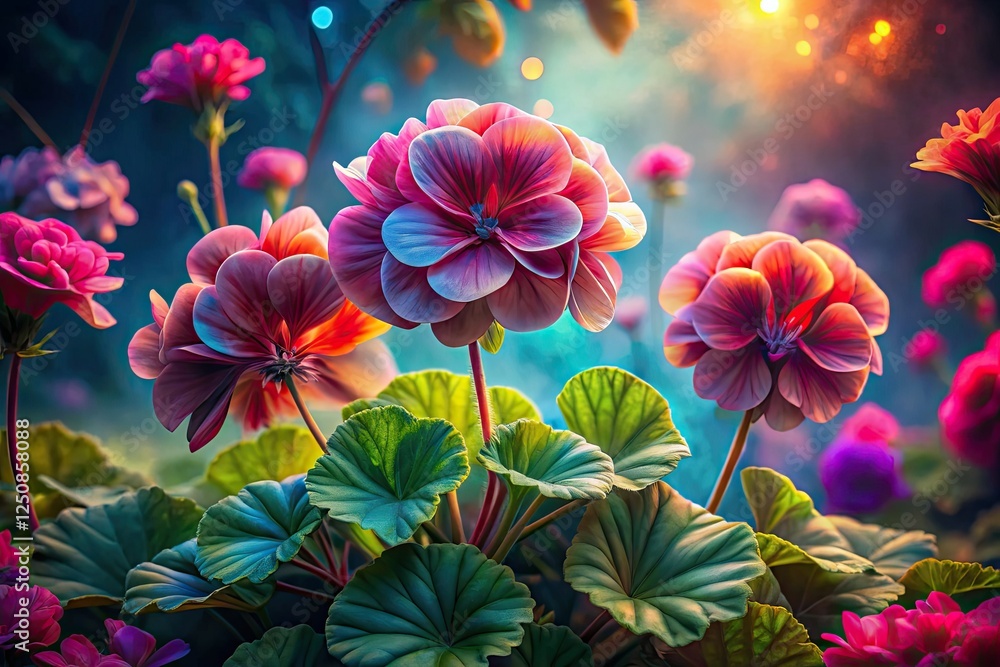 Fototapeta premium Dreamlike geraniums explode with vibrant, surreal color in captivating photographs.
